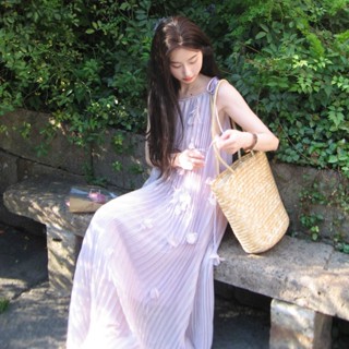  Váy 2 dây cột nơ dập ly dáng dài rộng rãi đính hoa nổi 3D kiểu mới phong cách Pháp thanh lịch nhẹ nhàng 