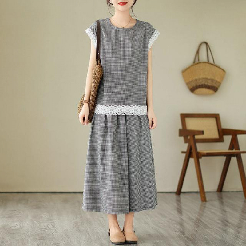 Phụ Nữ Nhật Bản Mùa Hè Ren Lưng Đơn Kẻ Sọc Linen Top + Loose All-Match Linen Kẻ Sọc Culottes Suit