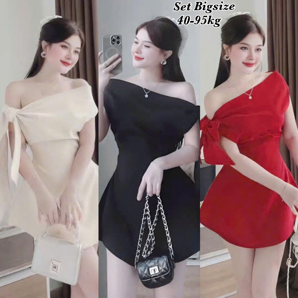 Set Đầm Váy Nữ Buộc Nơ Và Quần có Bo Chun Thiết Kế Lệch Vai Lụa Chéo Hàn Xinh Đẹp Đón Tết Đón Noel X
