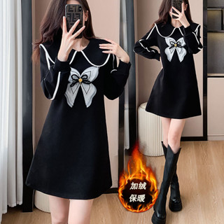 Áo   Giữ Ấm Lót Nhung Thường Ngày Mẫu Hot Cho Nữ Váy Liền In Hoa Cổ Búp Bê Rộng Rãi Mẫu Mới Mùa Đông Áo Thun Dáng D