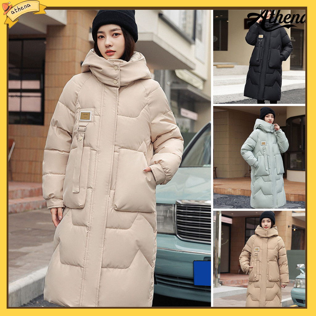 [Athena] Áo khoác Cotton nữ mùa đông Áo khoác có thể tháo rời Bảo vệ cổ Túi dài tay đến đầu gối Dây 