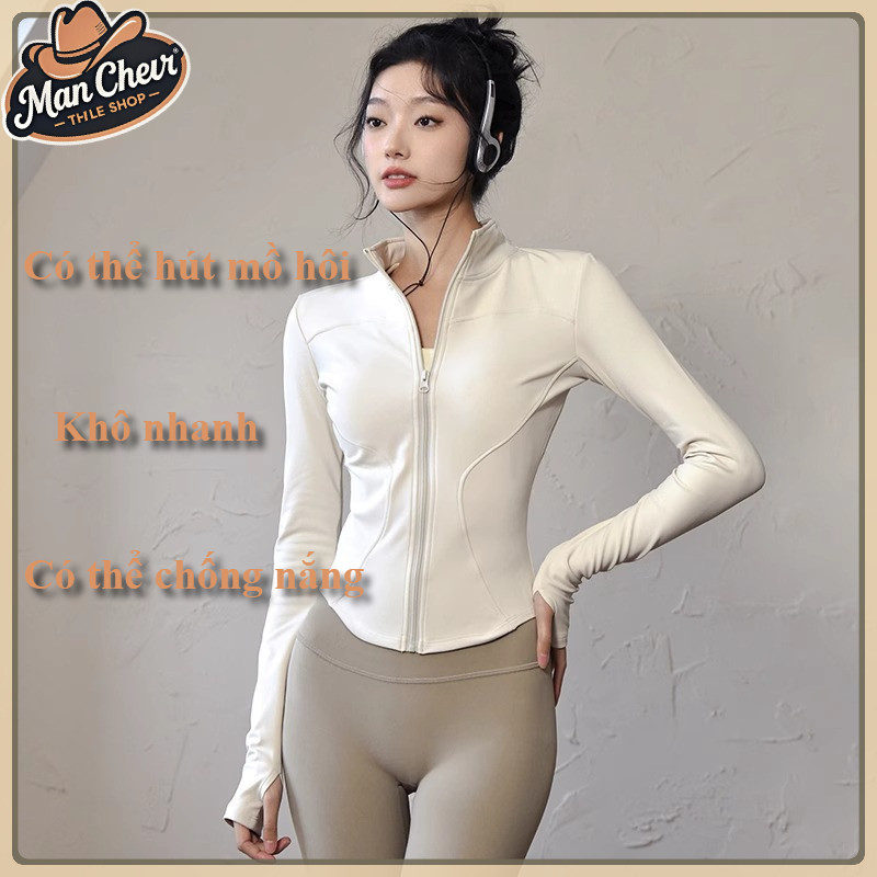 【MANCHER】Áo khoác croptop tập gym yoga ôm body tay dài, chống nắng co giãn thấm hút mồ hôi