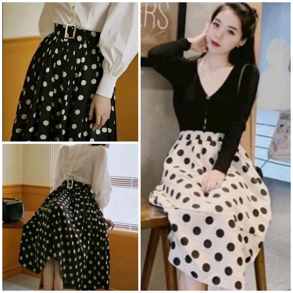 Chân Váy Kate Xòe Chấm Bi dài cạp cao , váy Xòe dáng dài Kèm Đai ( có bigsize)( Có Sẵn-Giao ngay) NT