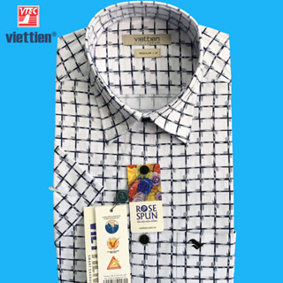 Viettien - Áo sơ mi nam ngắn tay xẻ tà vạt ngang vải hoa hồng ca rô form regular - 6S0633
