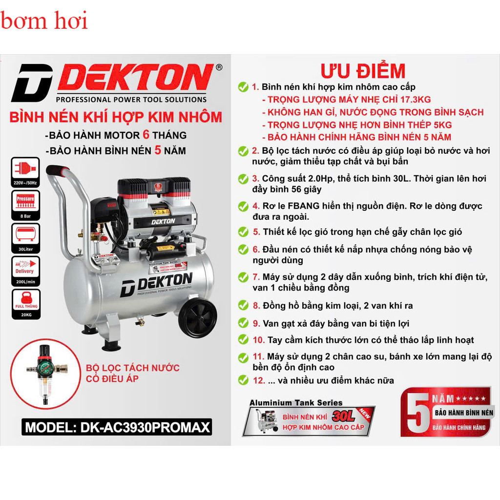 Máy nén khí dekton DK-AC3930Pro , 30lít 2hp , có tách lọc nước vn chuyên máy móc