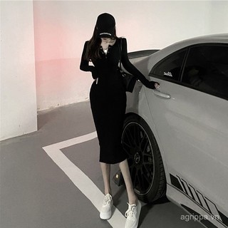 Váy liền tôn dáng ôm sát ôm mông váy mặc trong chít eo khí chất xẻ sau dài tay mùa thu mẫu mới năm 2024