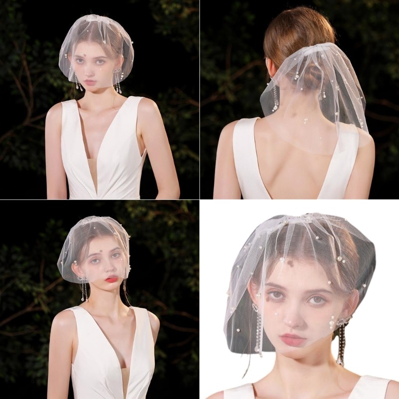Fine Studded Veil Head Cover Mantilla Head Covering Phụ kiện tóc cưới Trắng Wedding Veil Headscarf T