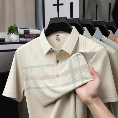Áo thun nam lụa băng ngắn tay đáy áo sơ mi sọc In hình dáng rộng cổ áo Polo công sở thoải mái khô nhanh Plus kích thước còn hàng LY15