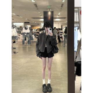 Mùa Thu Màu Xám Nhỏ Mỹ Phong Cách Preppy Bóng Chày Đồng Phục Nữ Thể Thao Dây Kéo Cardigan Áo Khoác Ngắn Dạo Phố Mặc