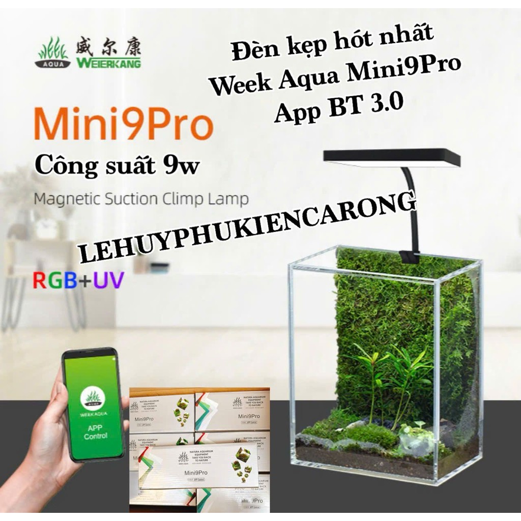 Đèn Kẹp Week Aqua MINI9 Pro – WRGB + UV – APP Điều Khiển – Công Suất 9W – Dành Cho Hồ Cá Kính 5–8mm 