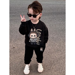 Bộ quần áo nỉ cổ tròn cho bé trai hình labubu tai nghe, bộ nỉ thu đông trẻ em Duy Anh Baby