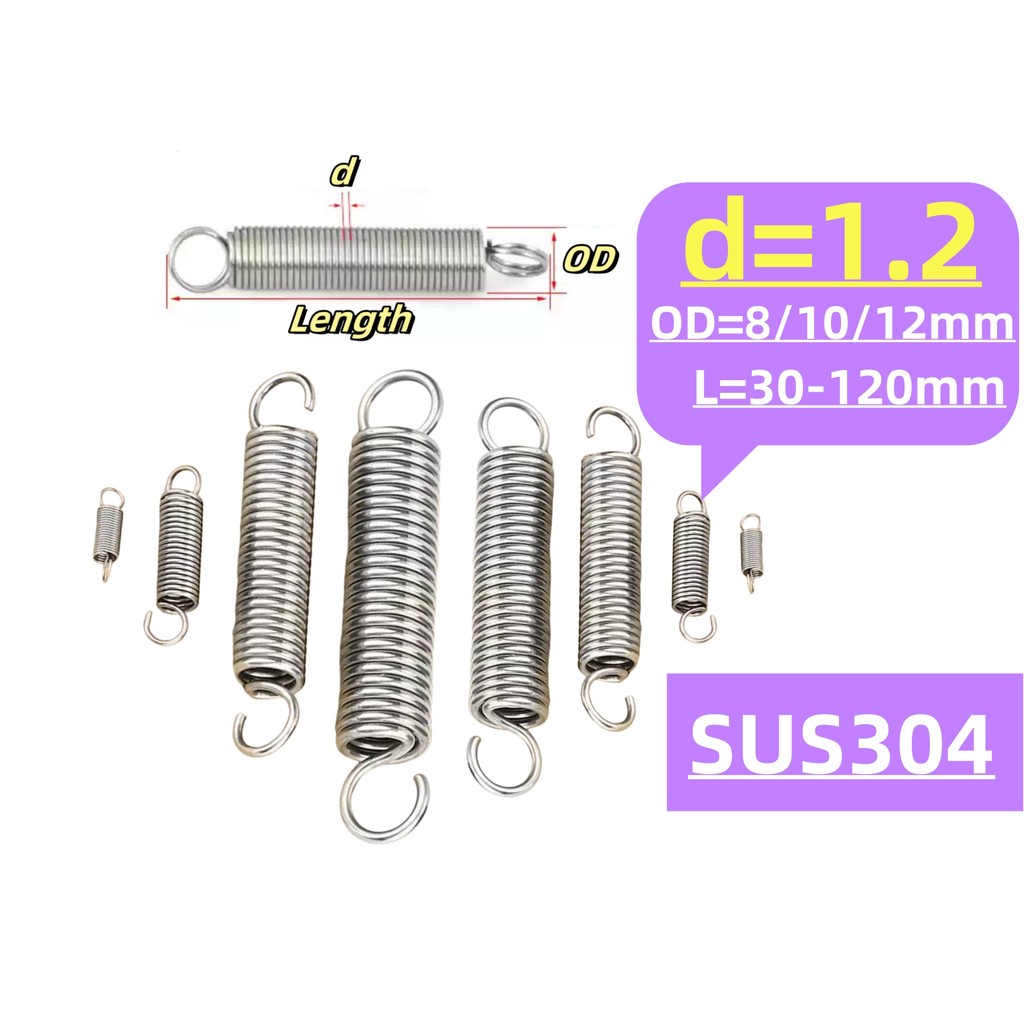 Lò xo căng thẳng inox 304 d = 1,2mm, OD8 / 10 / 12mm, L = 25 ~ 120mm lò xo căng thẳng có móc, áp dụn