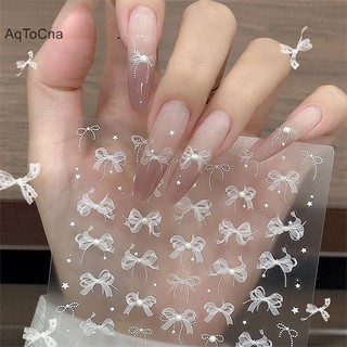 Aqtocna Ngọc Trai Ren Nơ Móng Tay Nghệ Thuật Miếng Dán 3D Giảm Decal Trắng Nơ Trang Trí Móng Tay HGVN