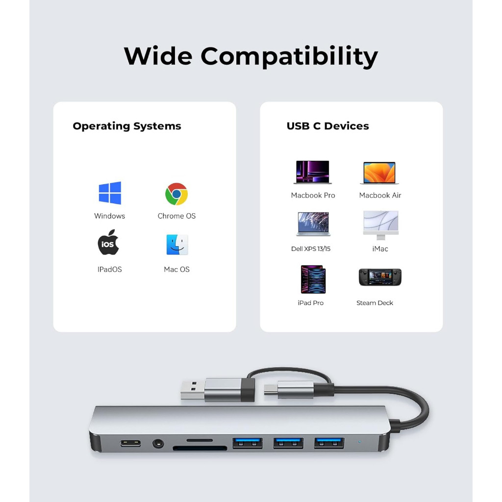 Hub type C USB 3.0 mở rộng 8 port cáp cổng chuyển đổi 2 đầu in 1 có 3.5 thẻ SD/TF máy tính laptop máy in | BigBuy360 - bigbuy360.vn
