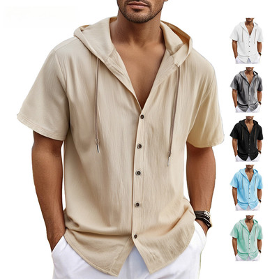 Áo sơ mi nam Cotton và vải lanh có mũ trùm đầu đơn giản màu trơn đa năng Thoải mái thoáng khí Nhẹ Plus Size LY12