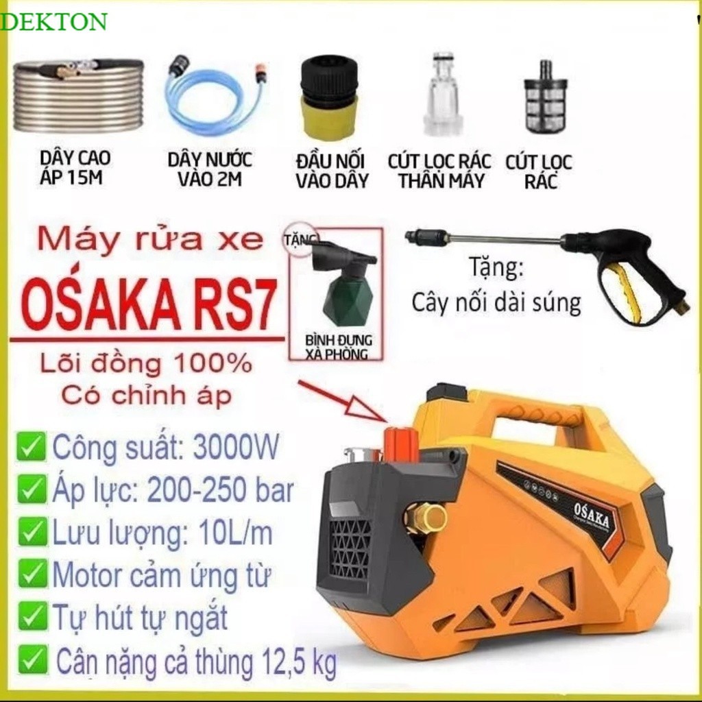 Máy xịt rửa xe chỉnh áp Osaka RS7 công suất 3000W Motor lõi đồng 100% DEK.TON giá gốc