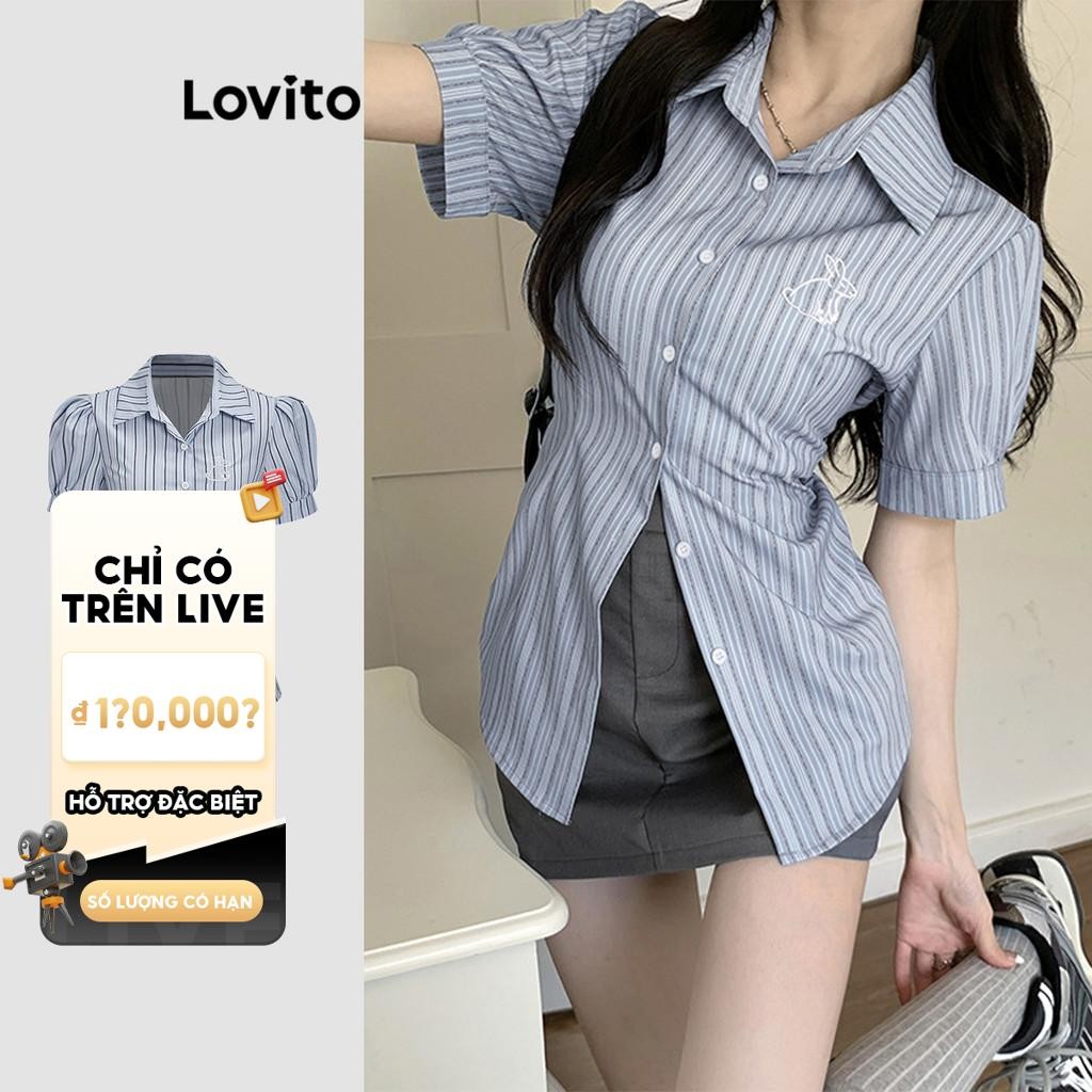 Áo kiểu pháp sơ mi kiểu Live Hosts' pick họa tiết sọc thêu nút phía trước phong cách preppy cho nữ L58AD035 (Xanh dương) | BigBuy360 - bigbuy360.vn