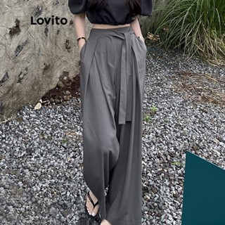  Quần Lovito cạp cao ống rộng xếp nếp phối túi màu trơn thường ngày cho nữ LNE09159  Xám  