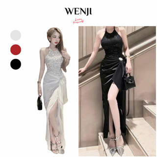 Đầm Body Dáng Dài Cổ Yếm Kim Sa WENJI STORE Đầm Xẻ Tà Sang Chảnh Có Mút Ngực Kèm Tag Đá Dự Tiệc, Đi Tiệc