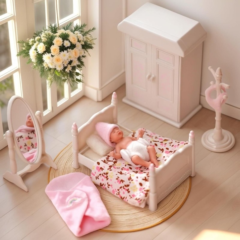 GOO 3inch Thực Tế Thu Nhỏ Silicone Búp Bê Bé Ngủ Trẻ Sơ Sinh Búp Bê Có Đồ Nội Thất Phụ Kiện Tuyệt Vờ