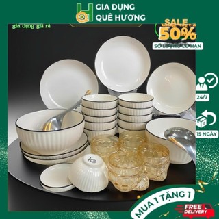  Bộ Bát Đĩa Sứ Bát Tô Bát Ăn Cơm Cao Cấp Bát sứ Trắng Viền Đen Men dày Sáng bóng tặng 4 cốc quai ,2 muôi canh inox M150 