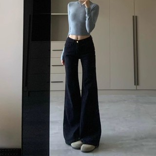  Quần nữ jean trung thấp màu đen loe nhẹ thẳng ống chân rộng thoải mái mới 