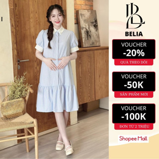  Đầm Bầu Váy Bầu Công Sở Thiết Kế Cổ Sơ Mi Kẻ Sọc Xanh Cao Cấp Dài Qua Gối Chất Vải Mát Cho Mùa Hè 