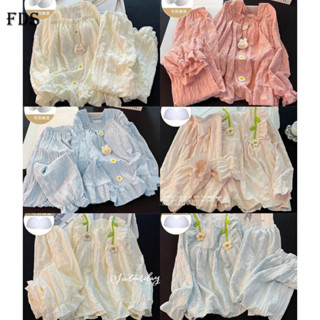 Yunduo cotton ba chiều thỏ có đệm ngực đồ ngủ nữ mùa xuân thu quần dài tay cổ vuông Bộ đồ mặc nhà