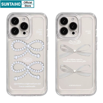 Suntaiho Vỏ Đẹp Nơ Trắng Họa Tiết Ngọc Trai Ốp lưng Iphone 16 15 14 13 12 11 Pro Max IP 7 8 Plus Iphon X Xs XR Xs Max TPU Mềm Cao Cấp Chống Sốc Ốp Lưng