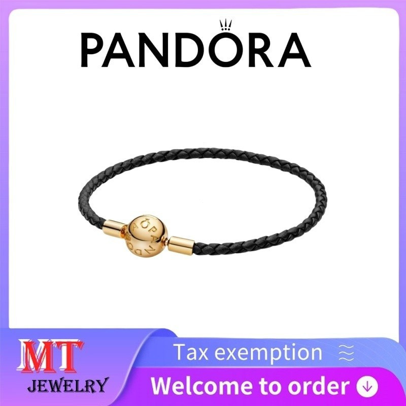100% S925 bạc cặp đôi nữ Pandora trang sức DIY Pandora Moments Vòng tay bện bằng da đen 568777C02 _ 