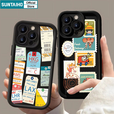 Suntaiho Fun Postmark Phim hoạt hình Du lịch toàn cầu Mẫu vé máy bay Vỏ điện thoại Silicon mềm chống sốc cho iPhone 11 12 13 14 15 16 Pro max IP 7 8 Plus Iphon X Xs XR Xs max