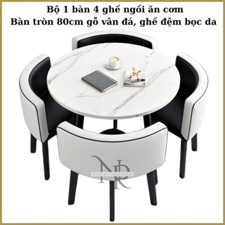  Bộ Bàn Ghế Ngồi Ăn Cơm Hình Tròn rộng 80cm 4 Ghế Da Cao Cấp Mặt Bàn Gỗ Giả Vân Đá 4 Ghế Đệm Bọc Da 