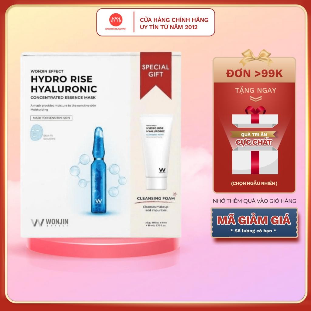 Hộp mặt nạ Wonjin Effect Mask xanh dương 10 miếng tặng kèm sữa rửa mặt Hydro Vial cấp ẩm & truyền HA