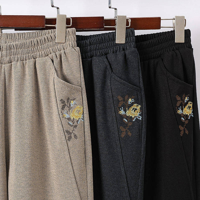 Western Style Mom Pants Autumn and Winter Middle-Aged and Elderly Women's Pants Velvet Padded Loose 