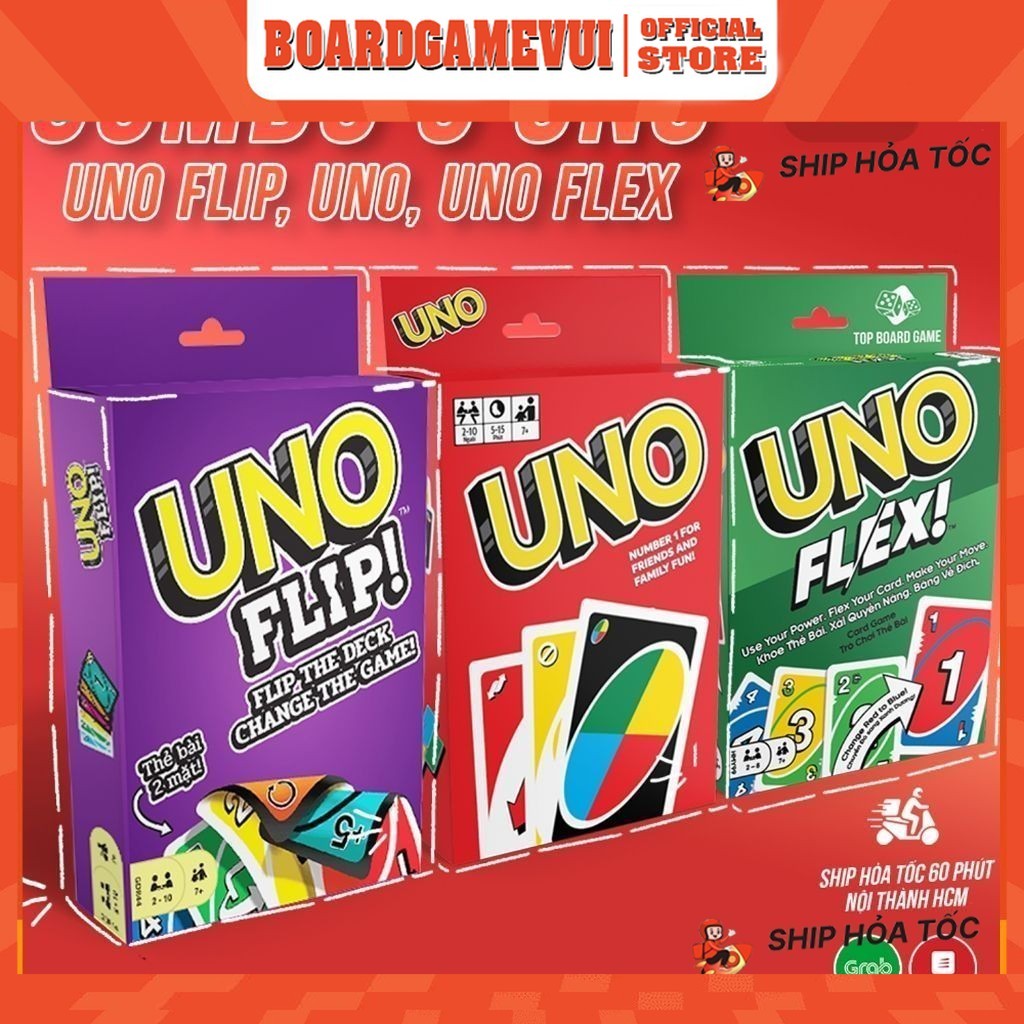 COMBO 3 UNO FLIP, UNO, UNO Flex 330 thẻ bài UNO boardgame vui vẻ cho gia đình và bạn bè  - 𝗕𝗼𝗮𝗿𝗱𝗚𝗮𝗺𝗲
