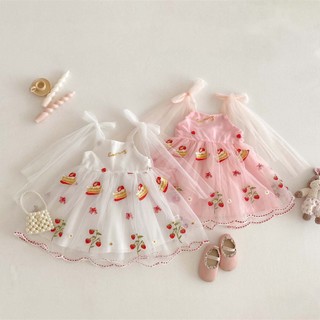 Ins Mùa Hè Kid Girl Tinh Tế Retro 2 Màu Dâu Thêu Họa Tiết Lưới Đầm Quần Áo Trẻ Em 1-6 Tuổi