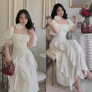 BIGSIZE HIẾU HIẾU (55-95KG) - Váy nữ maxi đi biển phối bèo kèm tà hoa cổ D455