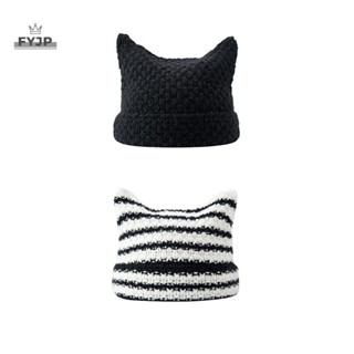 [FYJP] Mũ len tai mèo dễ thương dành cho nữ Cô gái dệt kim Y2K sọc mùa đông ấm áp dáng rộng vừa vặn Handmade HipHop Mũ Skullies sành điệu [vn]