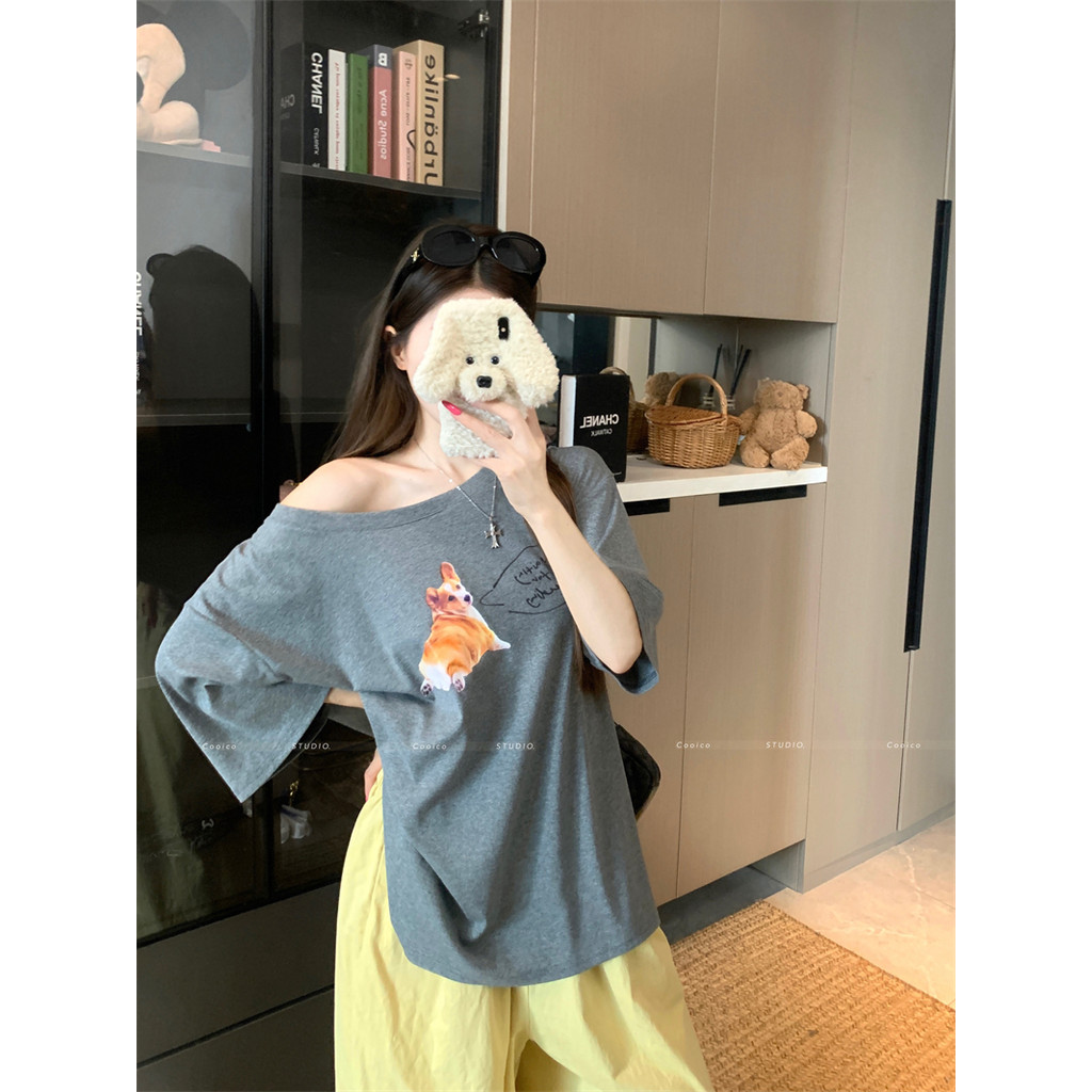【Sinbounboun】Quần áo nữ mùa hè phong cách Hàn Quốc dáng rộng Áo thun ngắn tay in hình chó con màu xám giản dị | BigBuy360 - bigbuy360.vn