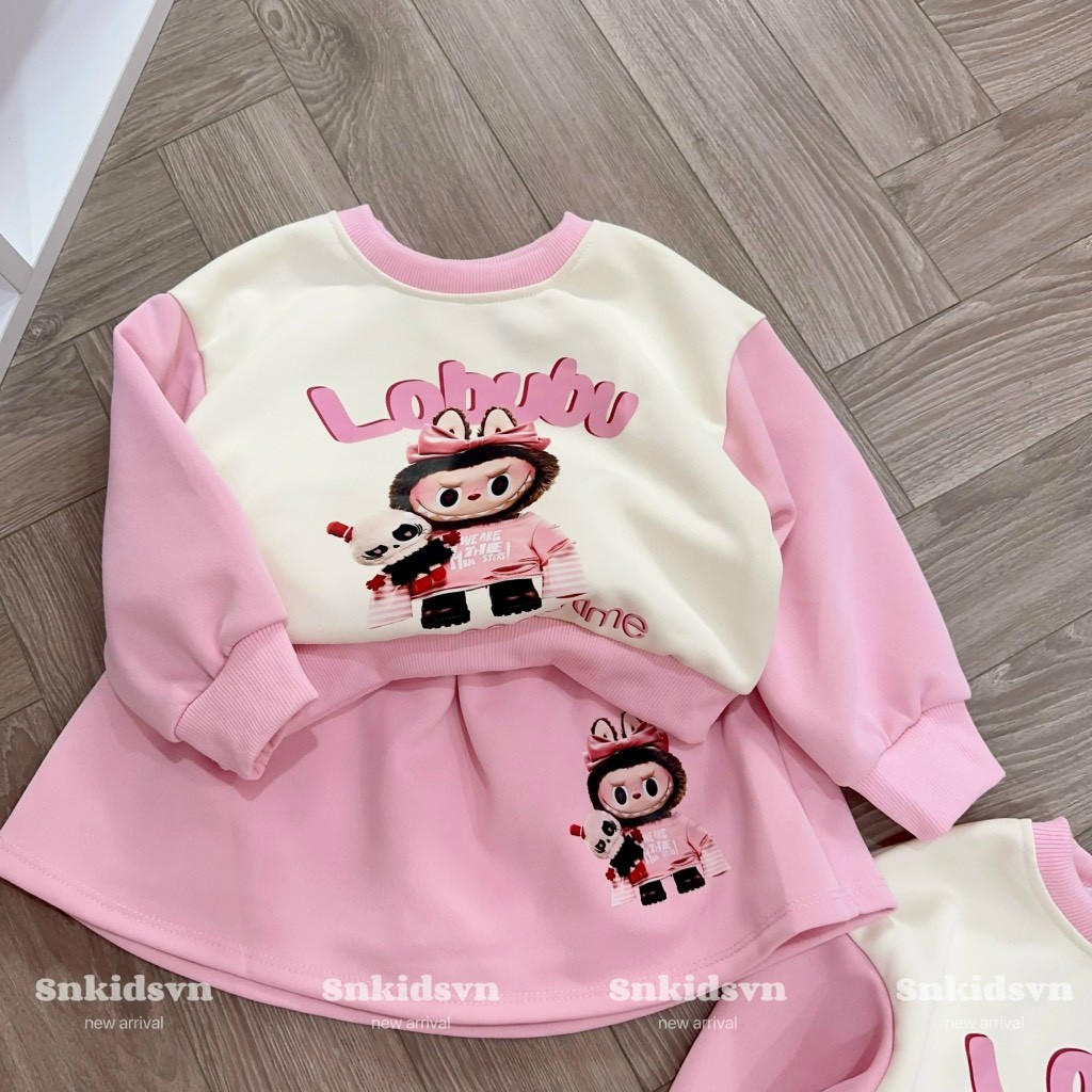 10-28kg Set nỉ cho bé gái, Set áo labubu mix chân váy nỉ 2 da SN cho bé gái