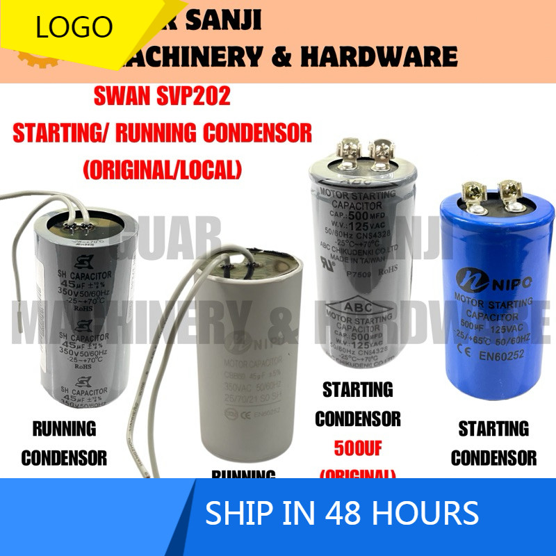 QSJ SWAN SVP202 SVP-202 2HP CONDENSOR CAPACITOR RUNNING 45UF 350V KHỞI ĐỘNG 500UF 125V