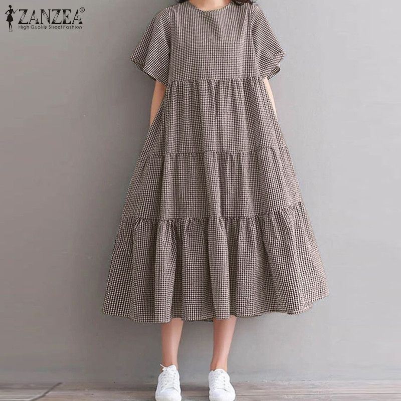 Đầm kẻ sọc dáng rộng cổ tròn ngắn tay ZANZEA dành cho nữ Hàn Quốc | BigBuy360 - bigbuy360.vn