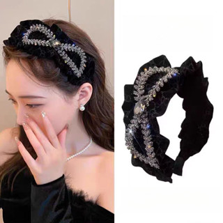 Bờm tóc nơ Rhinestone nhung, bờm đầu cao xếp ly cho nữ, phụ kiện tóc ngọt ngào