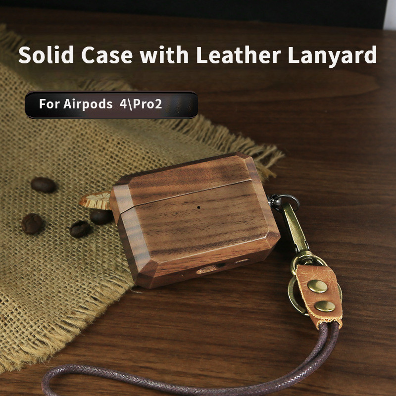 Ốp bảo vệ Airpods 4 thế hệ gỗ nguyên khối có dây da cho Airpods 4  Pro2  Pro  3  2  1