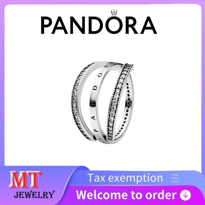100% S925 Bạc Cặp Đôi Nữ Pandora Trang Sức DIY Pandora Logo & Trái Tim Nhẫn 197404C $