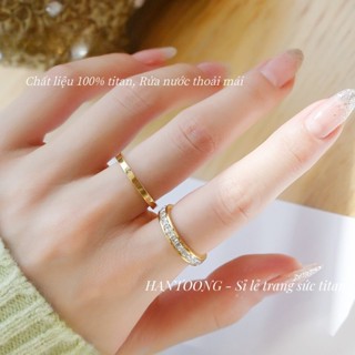 Set 2 nhẫn titan cao cấp không gỉ mạ vàng 24k đính đá lấp lánh thời trang thanh lịch dành cho nữ