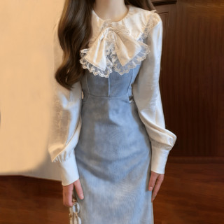  Set Áo Sơ Mi Dài Tay Cổ Búp Bê Bèo Nơ Kiểu Pháp Váy Yếm Nhung Dáng Dài Tôn Dáng Tiểu Thư Thanh Lịch 