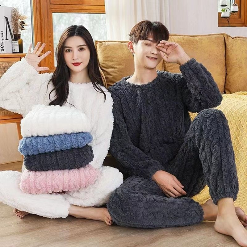 Bộ Đồ Ngủ Lông Cừu San Hô Thu Đông Lót Lông Cừu Dày Loungewear Bộ Đồ Hai Mảnh Có Thể Mặc Bên Ngoài Lo