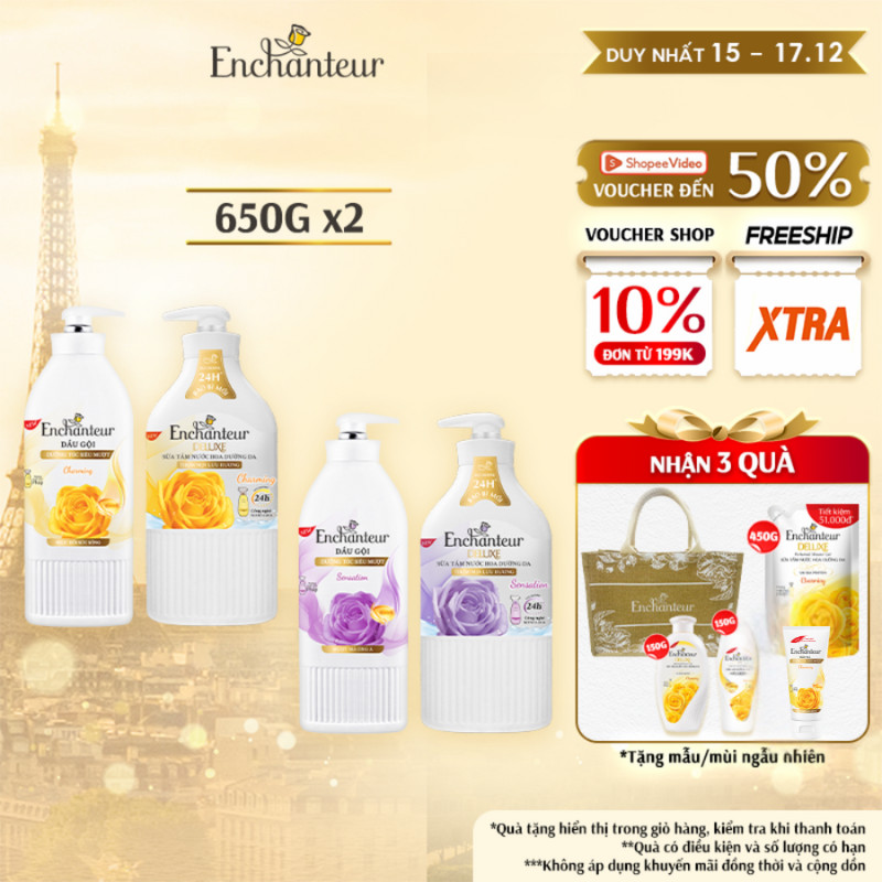 Combo Dầu Gội Dưỡng Tóc Enchanteur Keratin + Sữa Tắm Nước Hoa Dưỡng Da Enchanteur Thơm 24 Giờ 650G/Chai