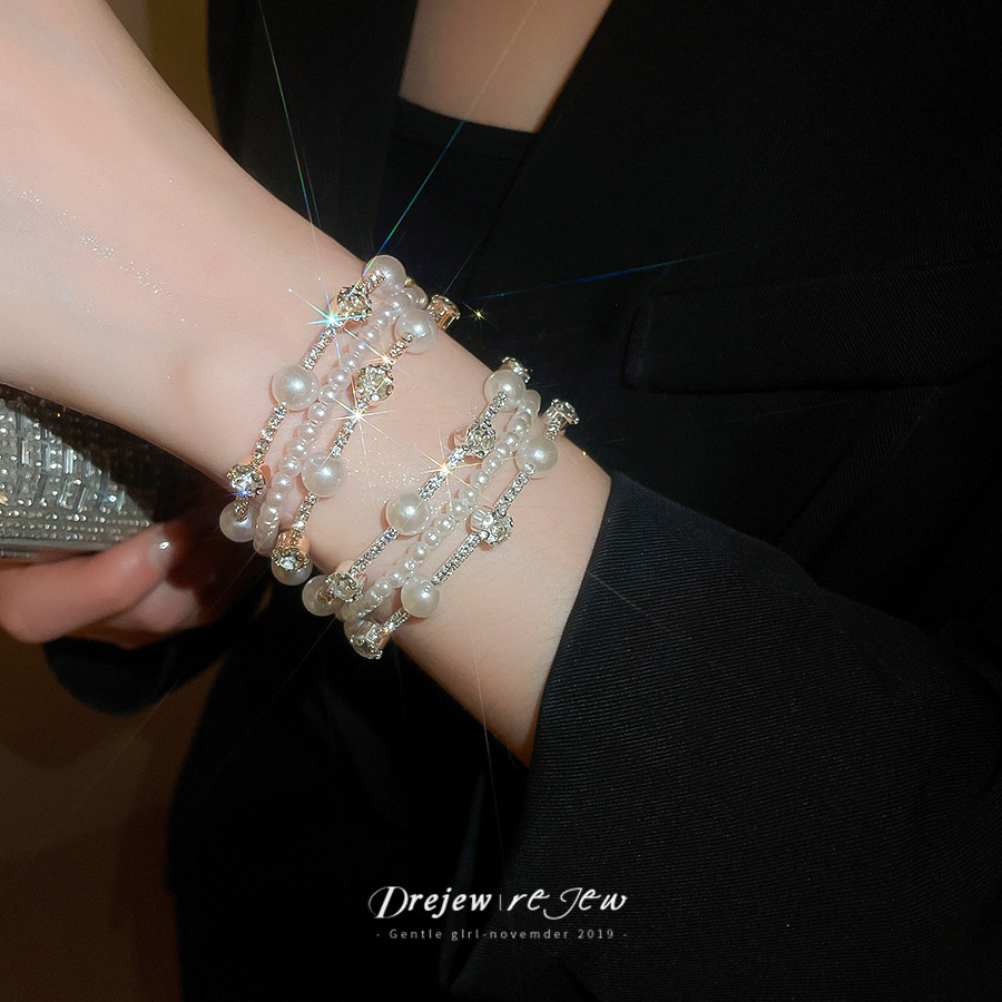 DREJEW Vòng tay mở tròn nhiều lớp ngọc trai dát kim cương kiểu Pháp vòng tay nhẹ nhàng sang trọng trang trí tay cao cấp